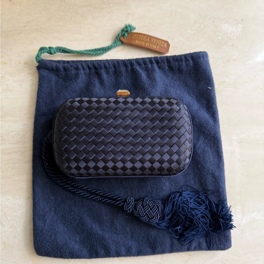 Bottega Veneta Navy Blue Satin Intrecciato Tassel Knot Clutch bag